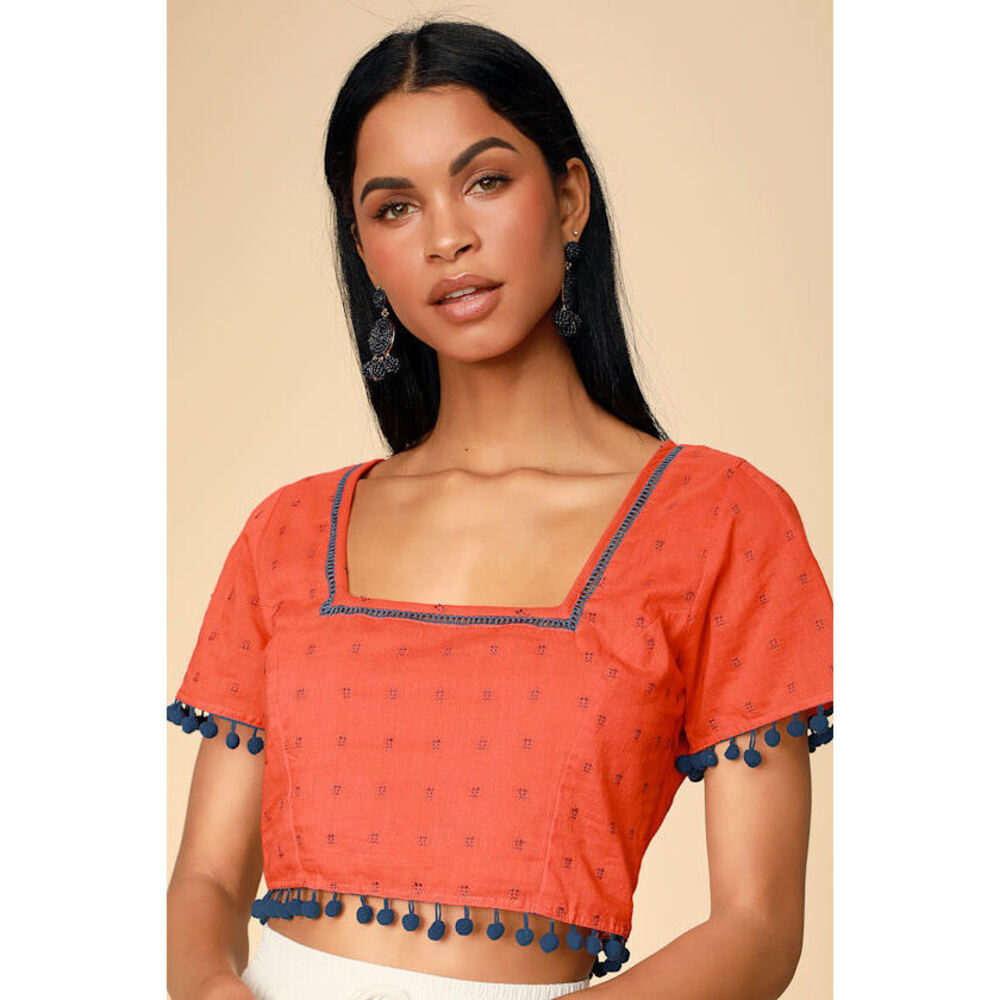 Lulus Sunset Island Red Orange Embroidered Pompom Crop Top - Size S